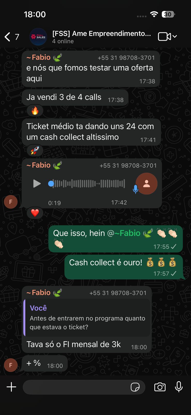 Print: ticket de R$ 3 mil para R$ 24 mil vendendo 3 de cada 4 calls