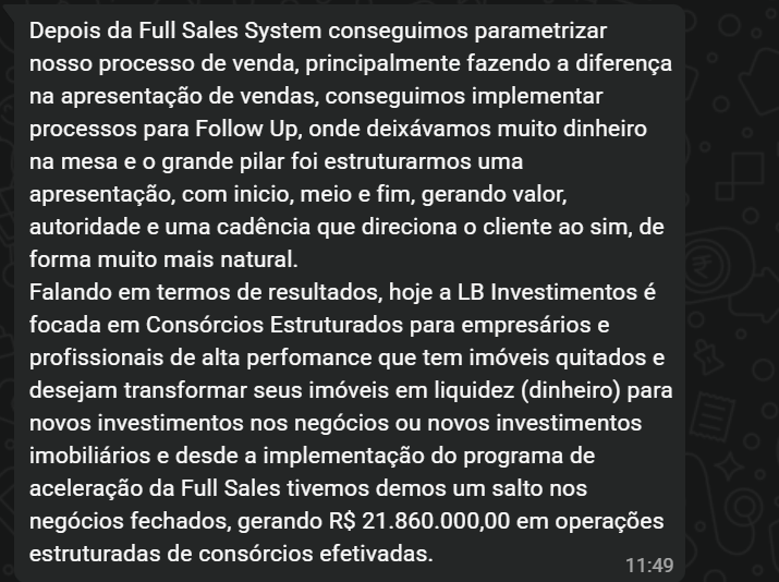 Print: R$ 21,8 milhões em consórcios estruturando o follow up